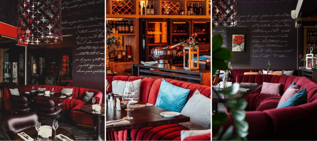 Бордовый диван при разном освещении